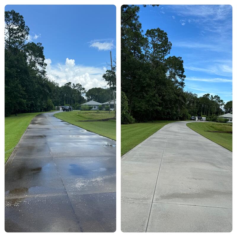 A driveway pressure washed by Limitless Exteriors, with the cleaned section clearly lighter than the untreated concrete